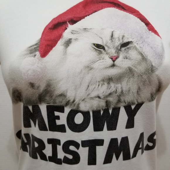 Stranded shirt Small Meowy Christmas cat graphic XMas holiday ringer novelty - Picture 5 of 12